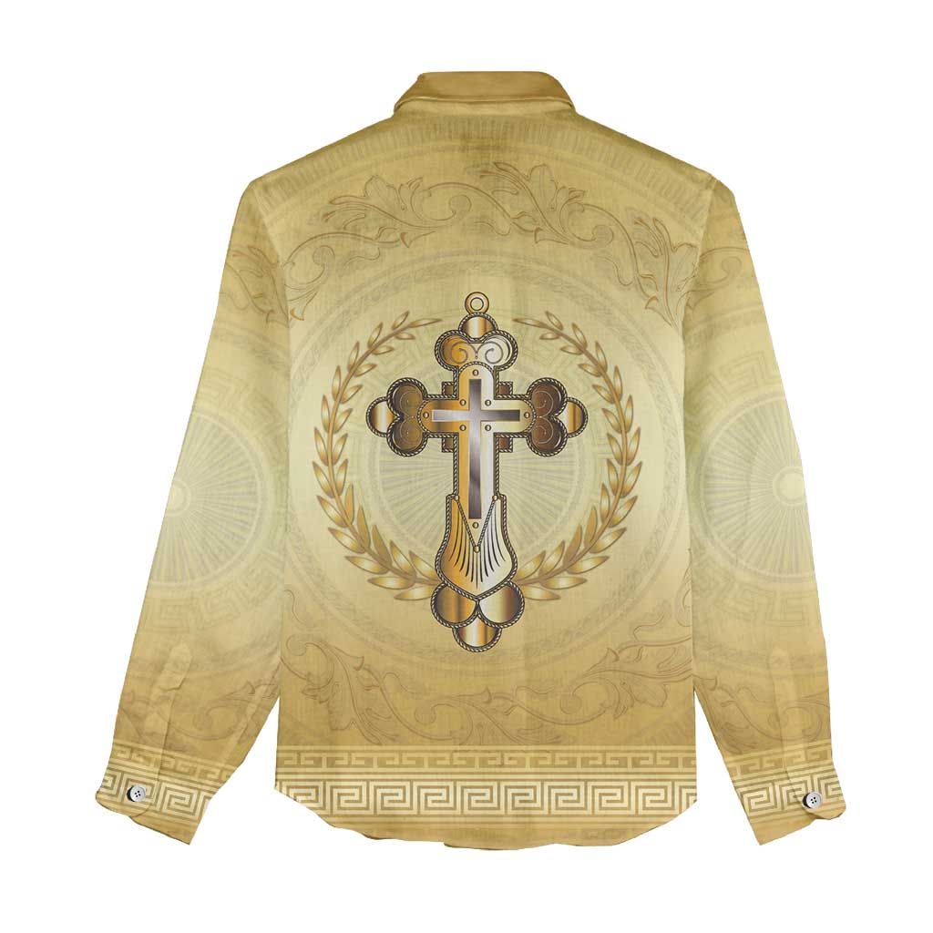 Greece Orthodox Cross Women Casual Shirt Ancient Greek Key Gold Heritage