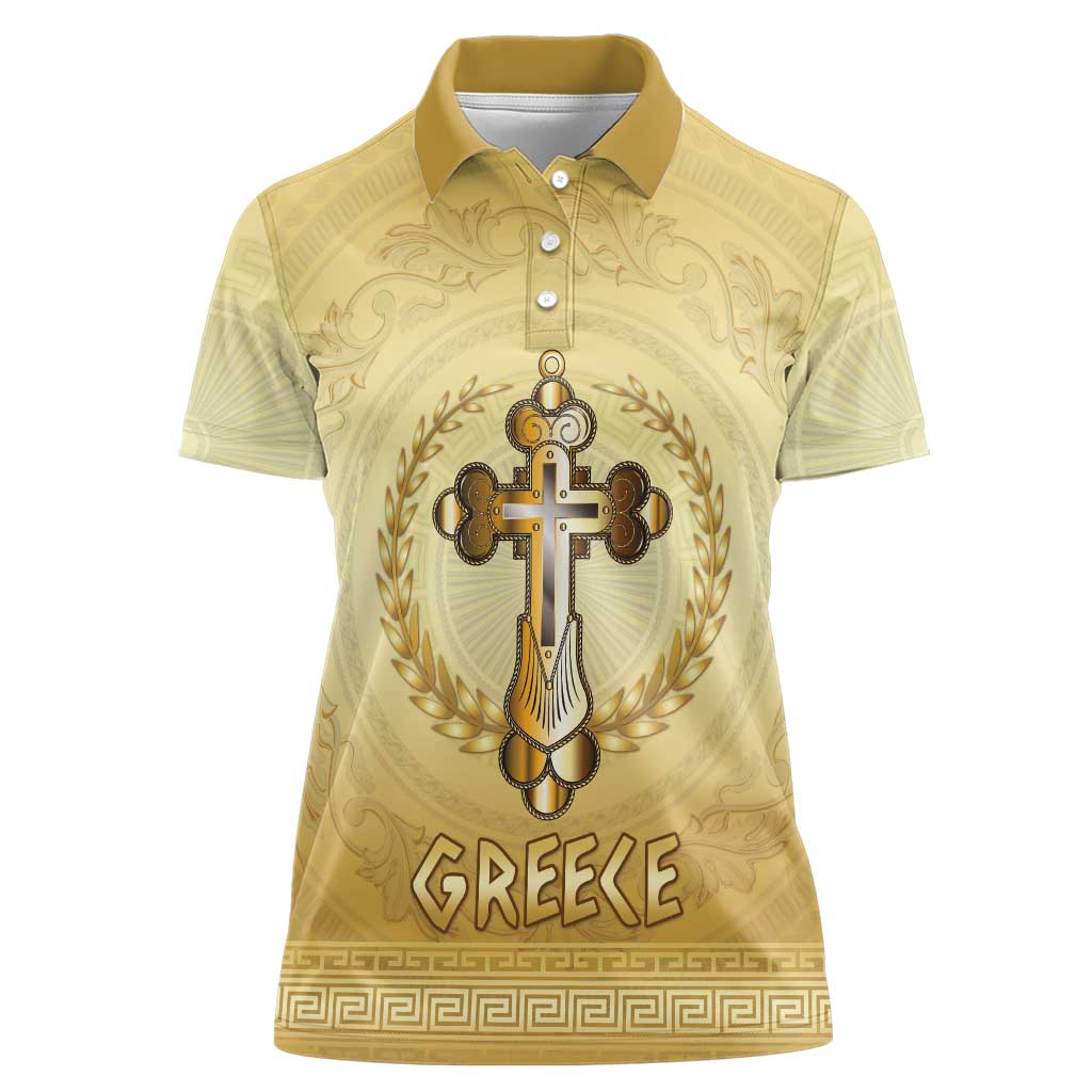 Greece Orthodox Cross Women Polo Shirt Ancient Greek Key Gold Heritage