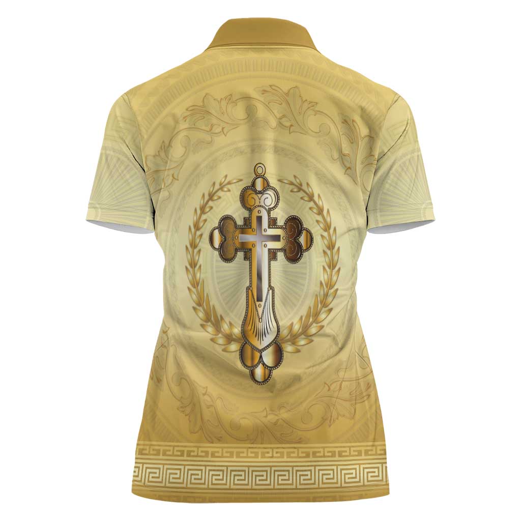 Greece Orthodox Cross Women Polo Shirt Ancient Greek Key Gold Heritage