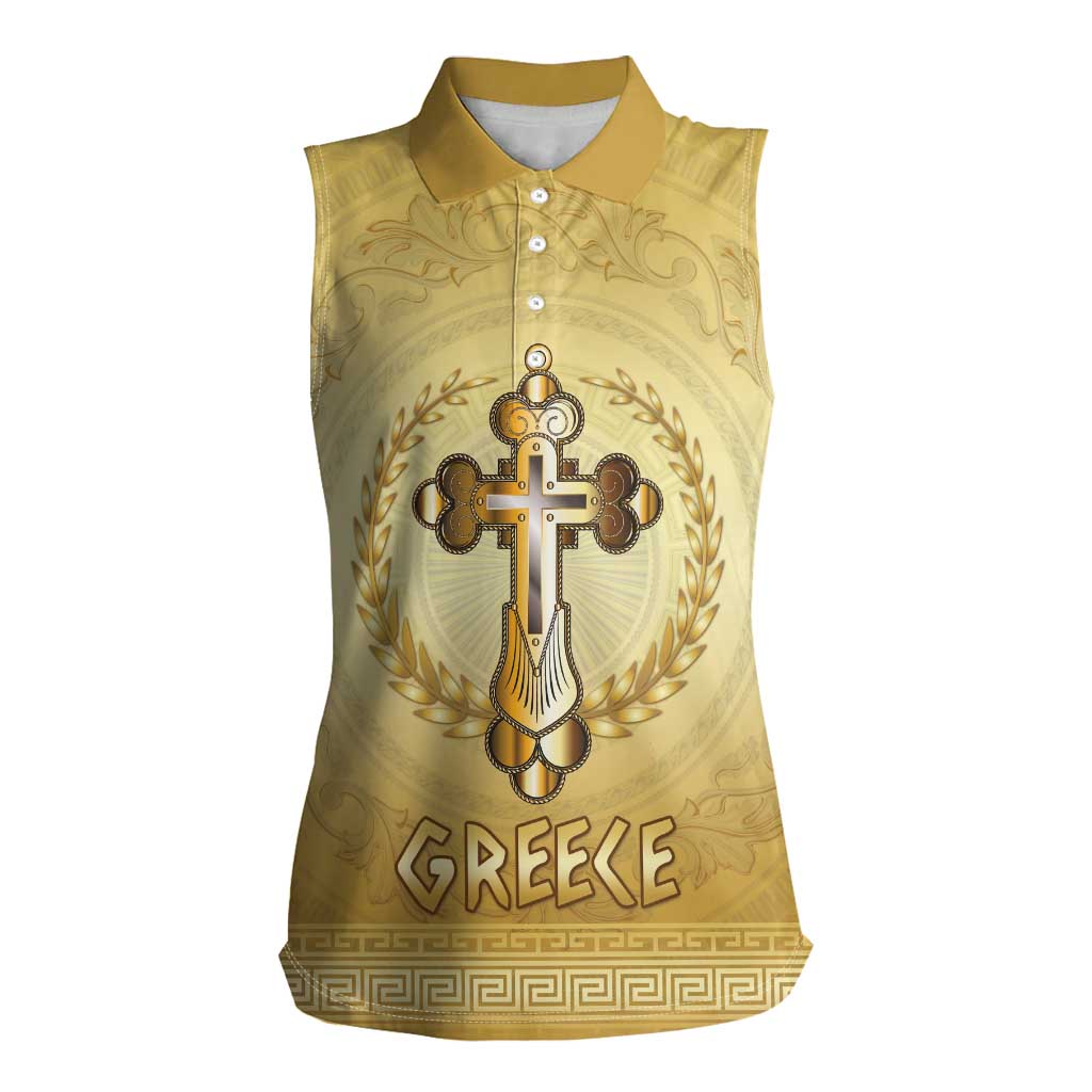 Greece Orthodox Cross Women Sleeveless Polo Shirt Ancient Greek Key Gold Heritage