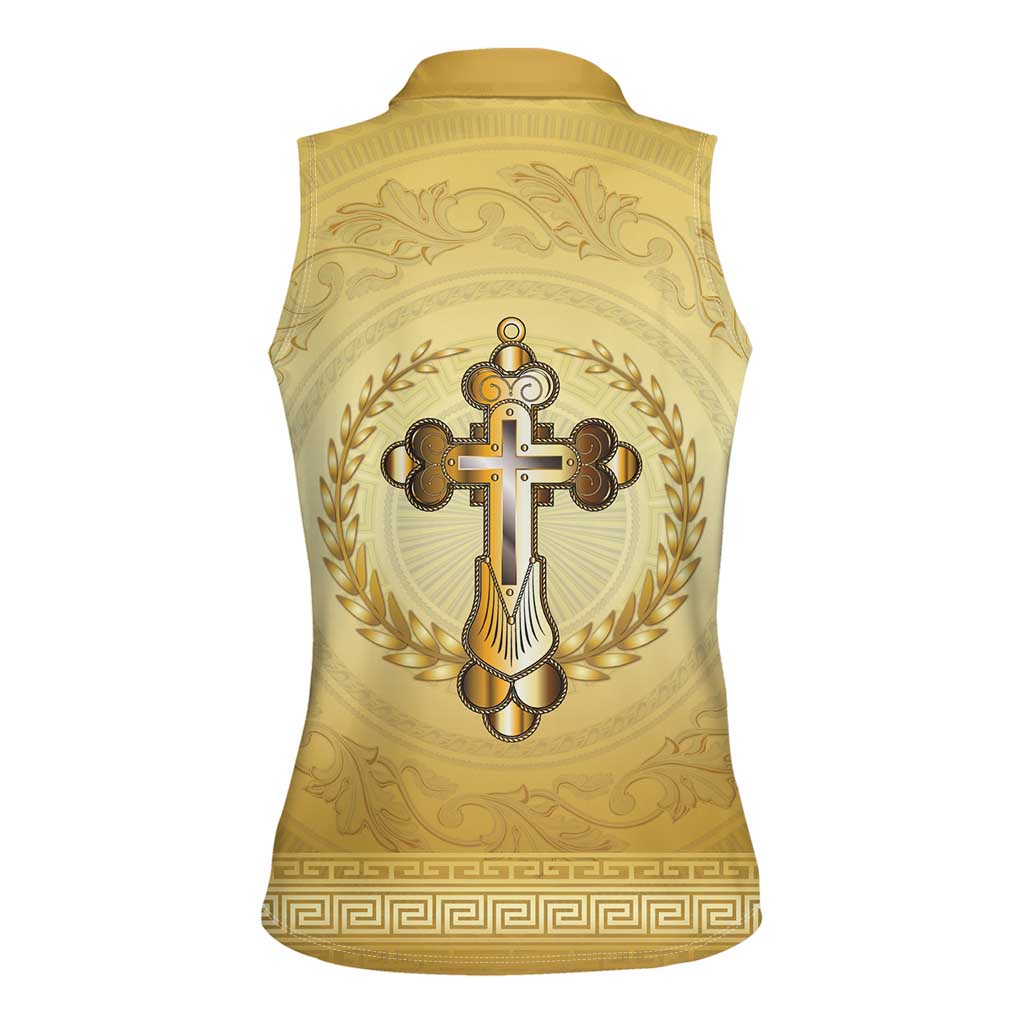 Greece Orthodox Cross Women Sleeveless Polo Shirt Ancient Greek Key Gold Heritage