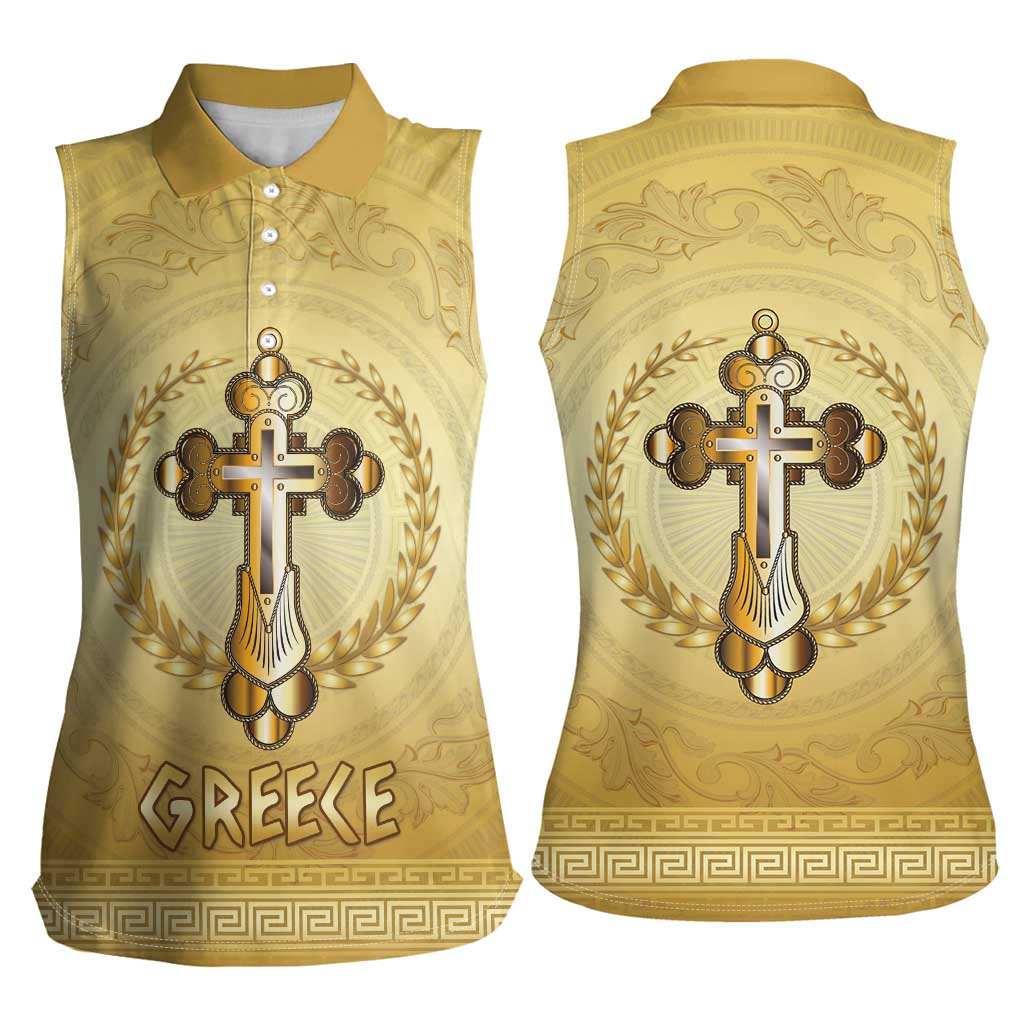 Greece Orthodox Cross Women Sleeveless Polo Shirt Ancient Greek Key Gold Heritage