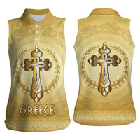 Greece Orthodox Cross Women Sleeveless Polo Shirt Ancient Greek Key Gold Heritage