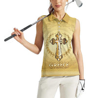 Greece Orthodox Cross Women Sleeveless Polo Shirt Ancient Greek Key Gold Heritage