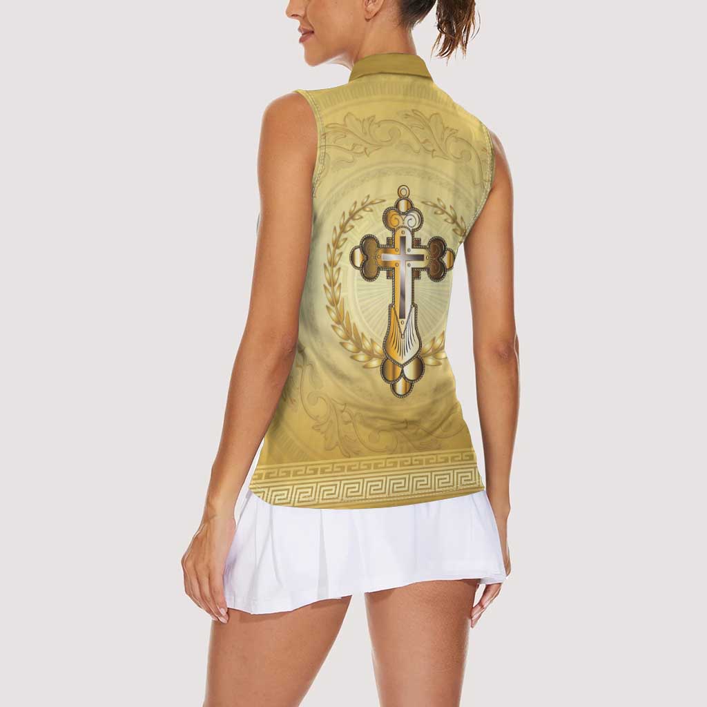 Greece Orthodox Cross Women Sleeveless Polo Shirt Ancient Greek Key Gold Heritage