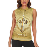 Greece Orthodox Cross Women Sleeveless Polo Shirt Ancient Greek Key Gold Heritage