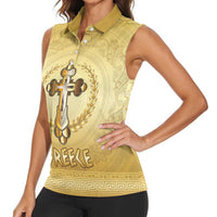 Greece Orthodox Cross Women Sleeveless Polo Shirt Ancient Greek Key Gold Heritage
