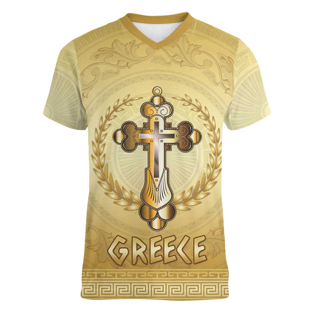 Greece Orthodox Cross Women V-Neck T-Shirt Ancient Greek Key Gold Heritage