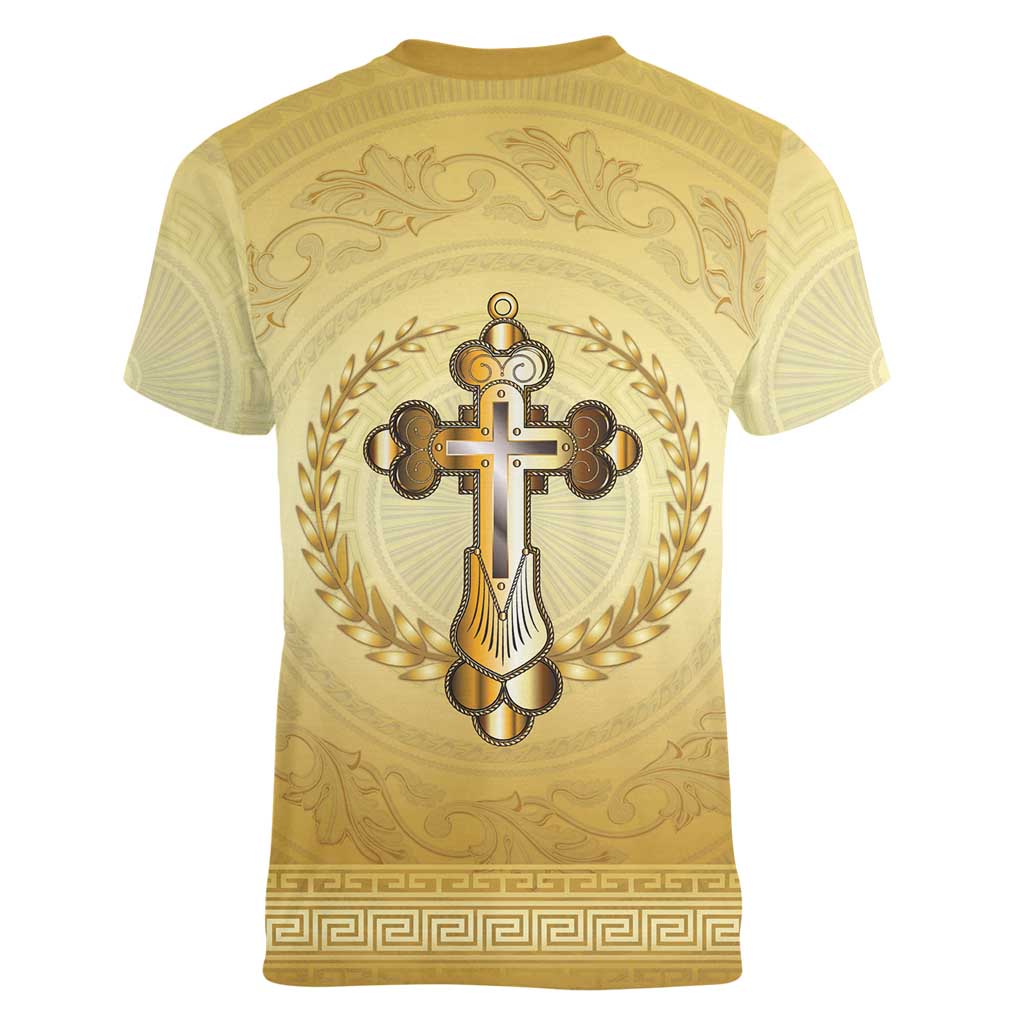 Greece Orthodox Cross Women V-Neck T-Shirt Ancient Greek Key Gold Heritage