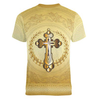 Greece Orthodox Cross Women V-Neck T-Shirt Ancient Greek Key Gold Heritage
