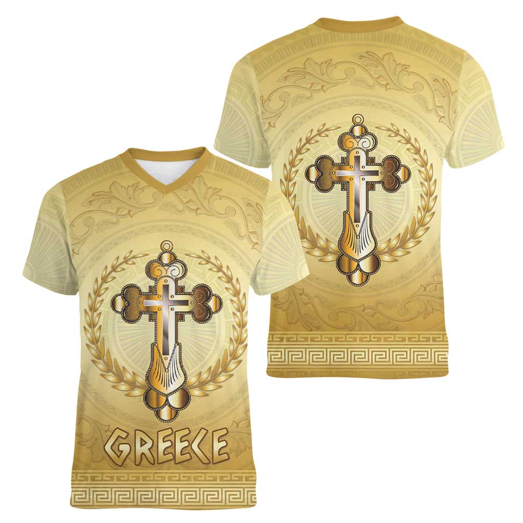Greece Orthodox Cross Women V-Neck T-Shirt Ancient Greek Key Gold Heritage