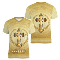 Greece Orthodox Cross Women V-Neck T-Shirt Ancient Greek Key Gold Heritage
