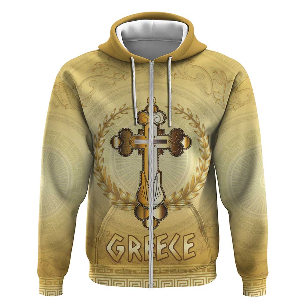 Greece Orthodox Cross Zip Hoodie Ancient Greek Key Gold Heritage