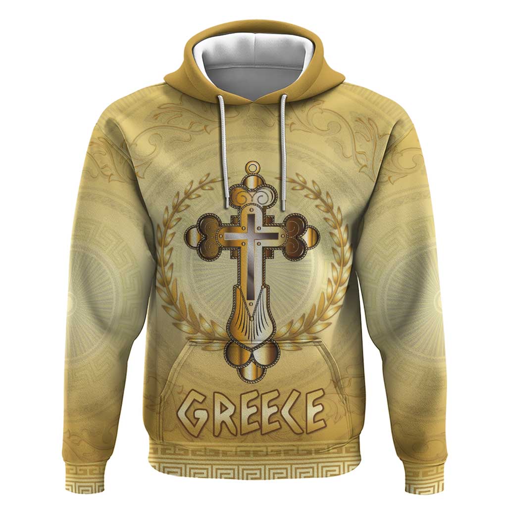 Greece Orthodox Cross Zip Hoodie Ancient Greek Key Gold Heritage