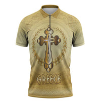 Greece Orthodox Cross Zipper Polo Shirt Ancient Greek Key Gold Heritage