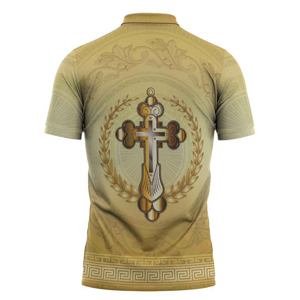 Greece Orthodox Cross Zipper Polo Shirt Ancient Greek Key Gold Heritage