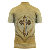 Greece Orthodox Cross Zipper Polo Shirt Ancient Greek Key Gold Heritage