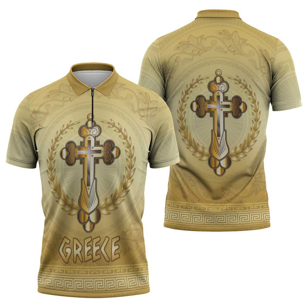 Greece Orthodox Cross Zipper Polo Shirt Ancient Greek Key Gold Heritage