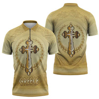 Greece Orthodox Cross Zipper Polo Shirt Ancient Greek Key Gold Heritage
