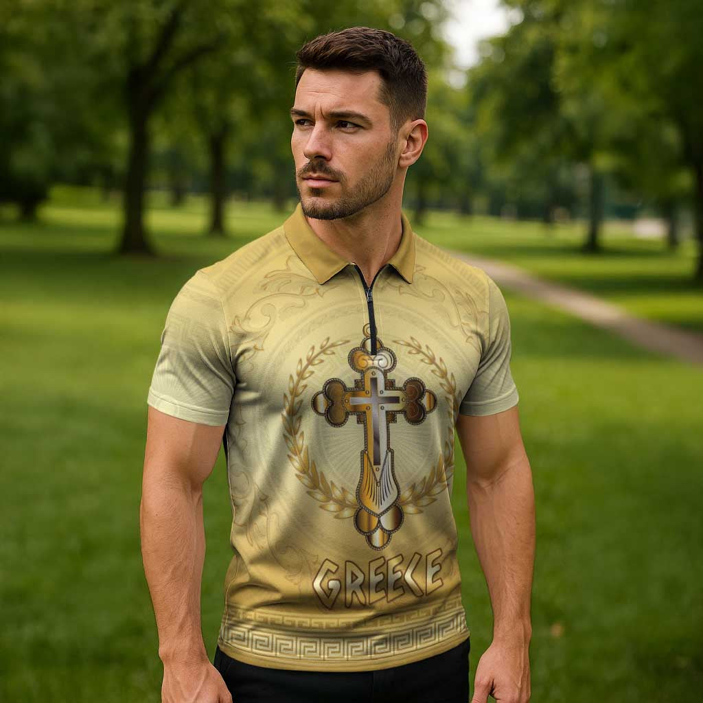 Greece Orthodox Cross Zipper Polo Shirt Ancient Greek Key Gold Heritage