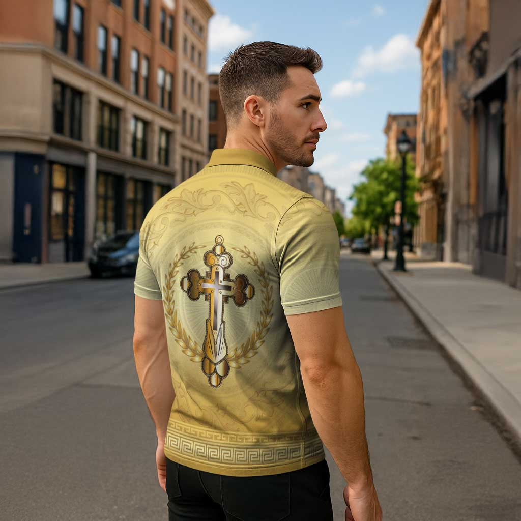 Greece Orthodox Cross Zipper Polo Shirt Ancient Greek Key Gold Heritage
