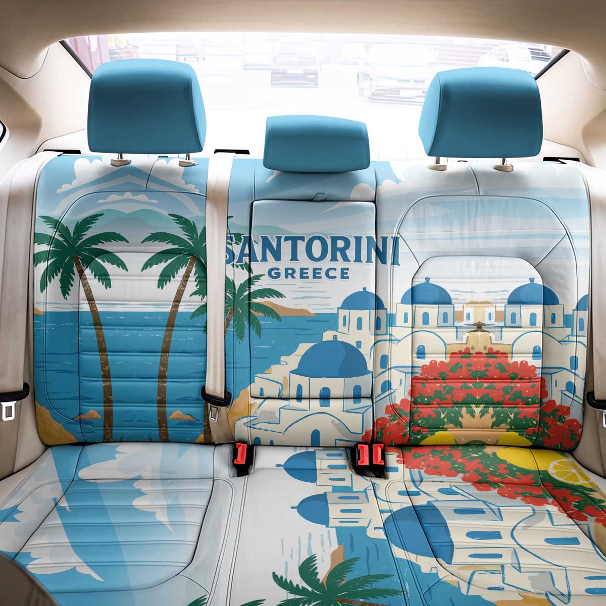 Greece Santorini Back Car Seat Cover Greek Island Blue Dome Architecture Art