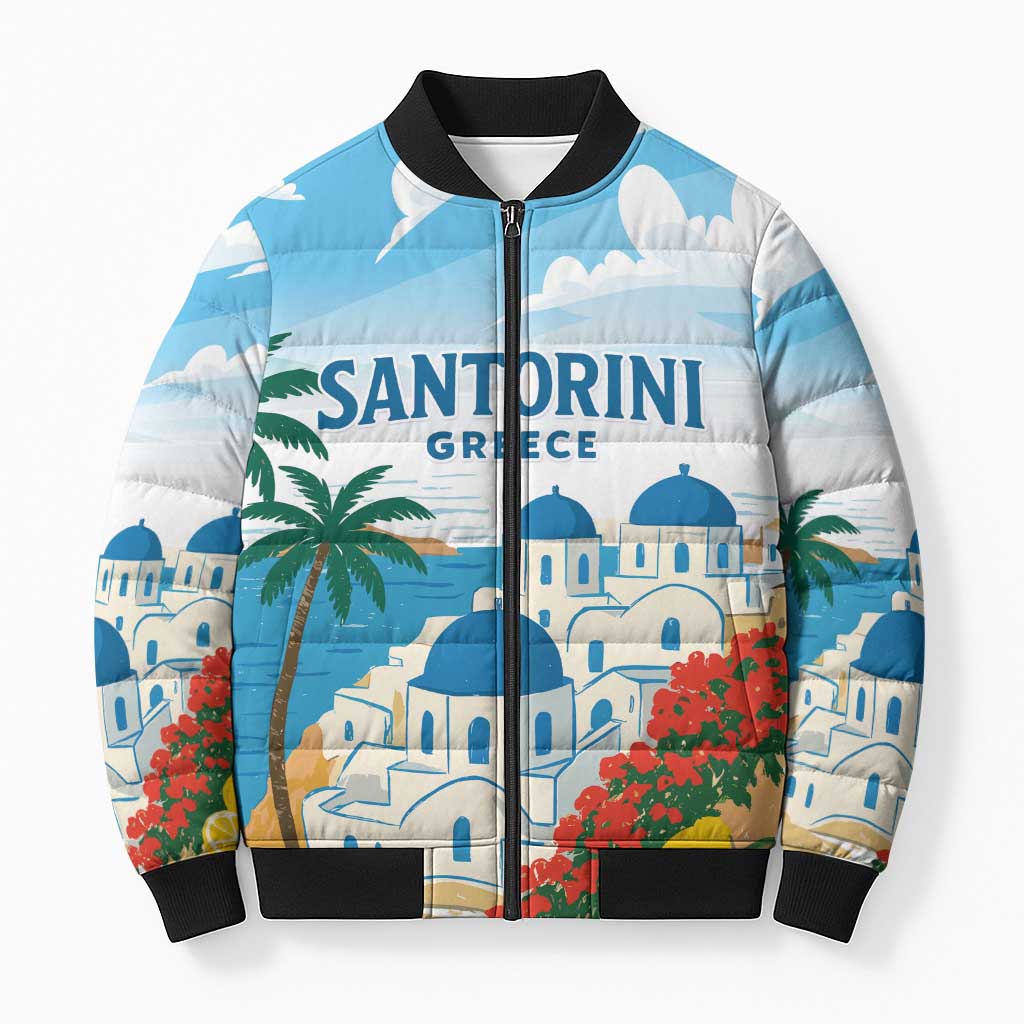 Greece Santorini Personalized Bomber Puffer Jacket Greek Island Blue Dome Architecture Art