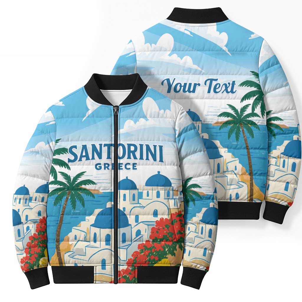 Greece Santorini Personalized Bomber Puffer Jacket Greek Island Blue Dome Architecture Art