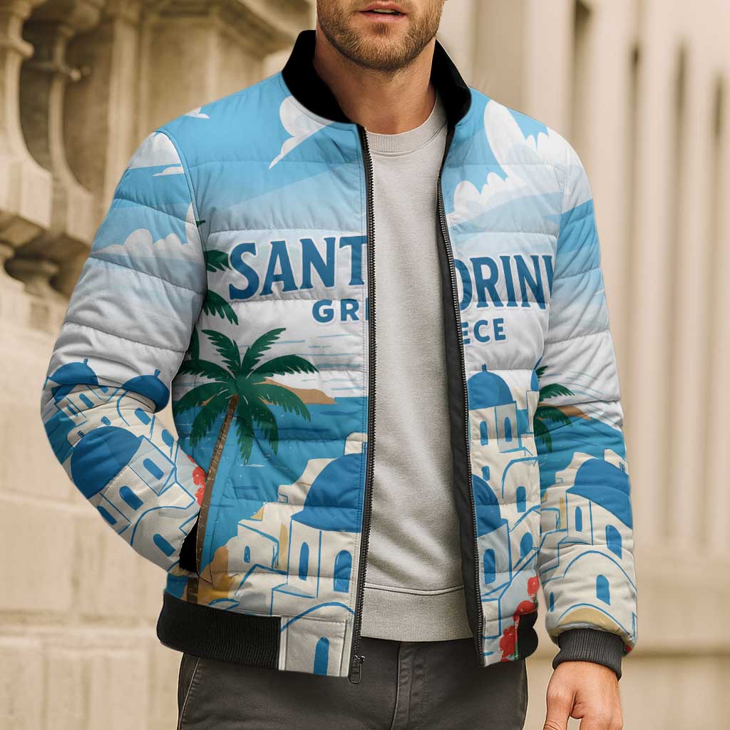 Greece Santorini Personalized Bomber Puffer Jacket Greek Island Blue Dome Architecture Art