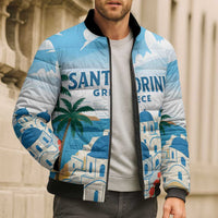 Greece Santorini Personalized Bomber Puffer Jacket Greek Island Blue Dome Architecture Art