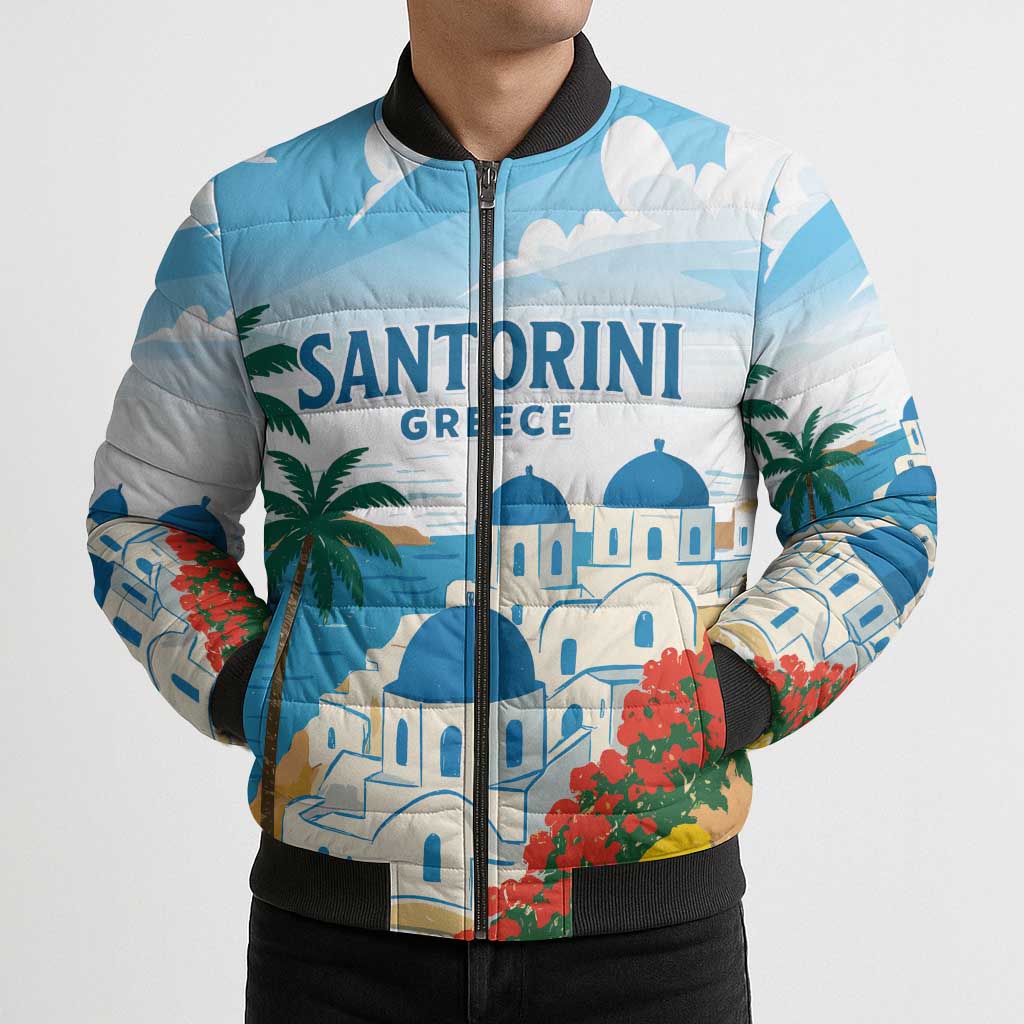 Greece Santorini Personalized Bomber Puffer Jacket Greek Island Blue Dome Architecture Art