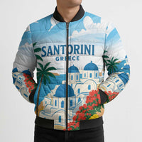 Greece Santorini Personalized Bomber Puffer Jacket Greek Island Blue Dome Architecture Art