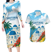Greece Santorini Personalized Couples Matching Long Sleeve Bodycon Dress and Hawaiian Shirt Greek Island Blue Dome Architecture Art
