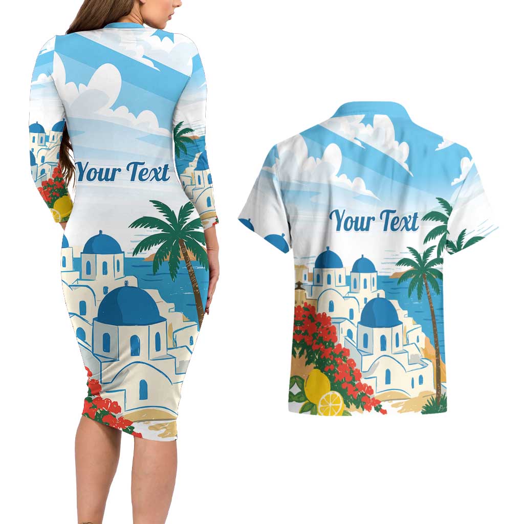 Greece Santorini Personalized Couples Matching Long Sleeve Bodycon Dress and Hawaiian Shirt Greek Island Blue Dome Architecture Art