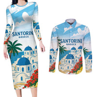 Greece Santorini Personalized Couples Matching Long Sleeve Bodycon Dress and Long Sleeve Button Shirt Greek Island Blue Dome Architecture Art