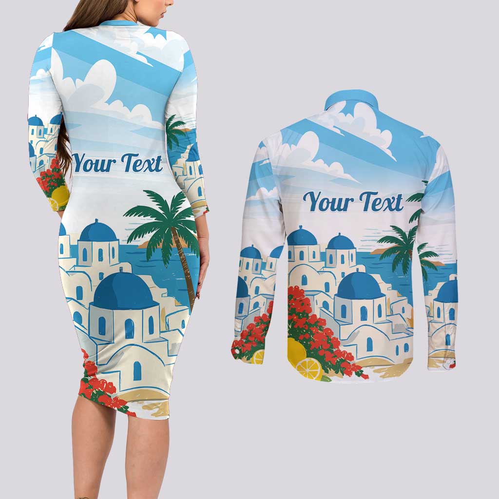 Greece Santorini Personalized Couples Matching Long Sleeve Bodycon Dress and Long Sleeve Button Shirt Greek Island Blue Dome Architecture Art