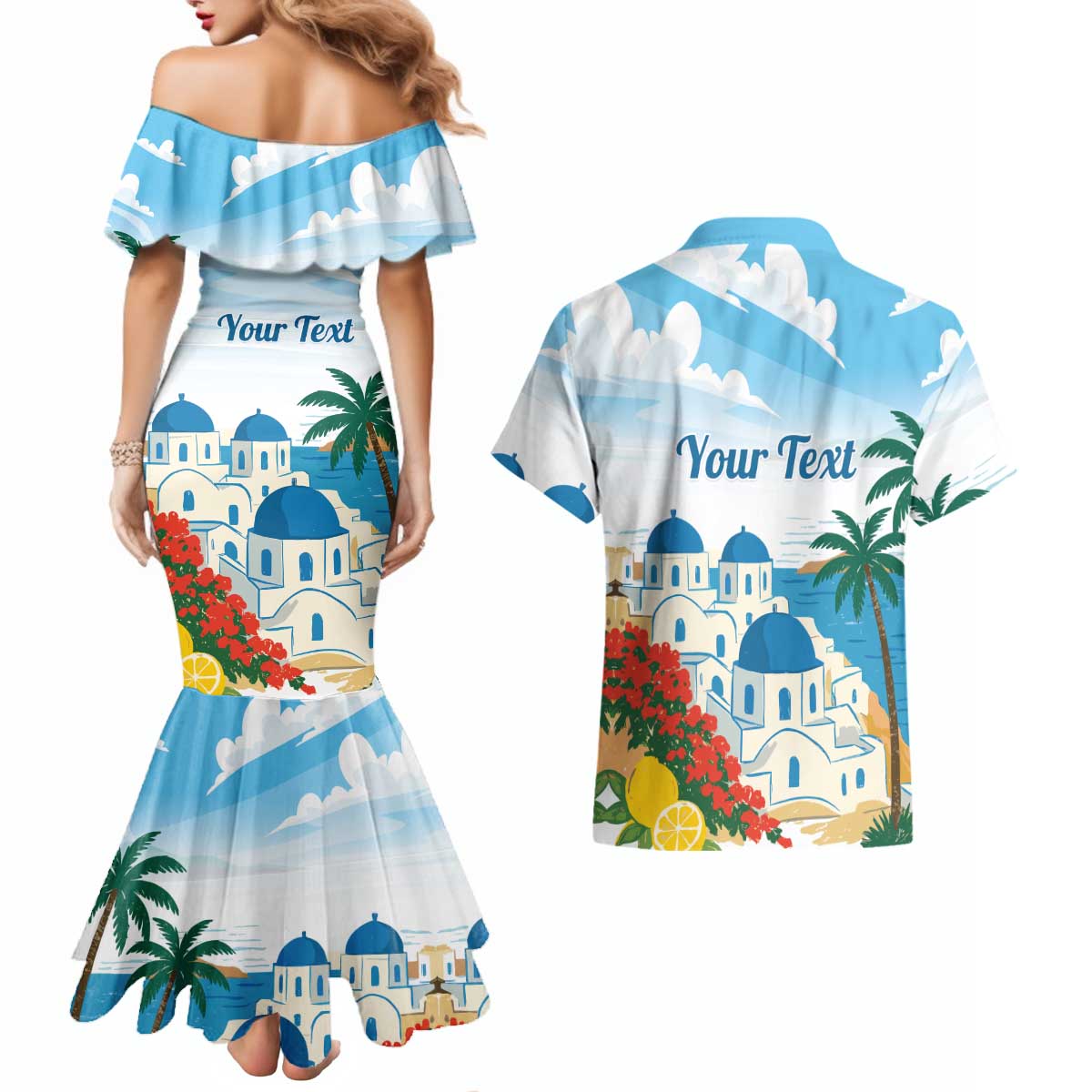 Greece Santorini Personalized Couples Matching Mermaid Dress and Hawaiian Shirt Greek Island Blue Dome Architecture Art