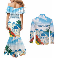 Greece Santorini Personalized Couples Matching Mermaid Dress and Long Sleeve Button Shirt Greek Island Blue Dome Architecture Art