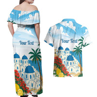 Greece Santorini Personalized Couples Matching Off Shoulder Maxi Dress and Hawaiian Shirt Greek Island Blue Dome Architecture Art