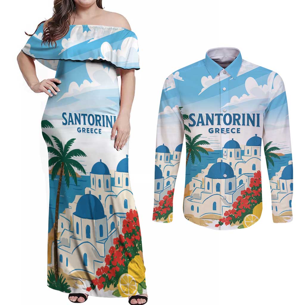 Greece Santorini Personalized Couples Matching Off Shoulder Maxi Dress and Long Sleeve Button Shirt Greek Island Blue Dome Architecture Art