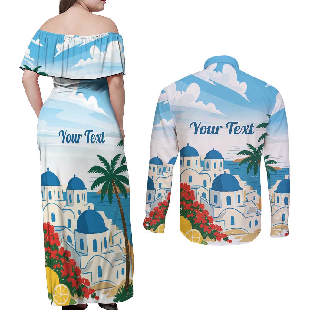 Greece Santorini Personalized Couples Matching Off Shoulder Maxi Dress and Long Sleeve Button Shirt Greek Island Blue Dome Architecture Art