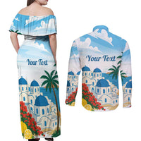 Greece Santorini Personalized Couples Matching Off Shoulder Maxi Dress and Long Sleeve Button Shirt Greek Island Blue Dome Architecture Art