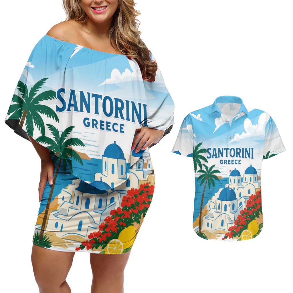 Greece Santorini Personalized Couples Matching Off Shoulder Short Dress and Hawaiian Shirt Greek Island Blue Dome Architecture Art