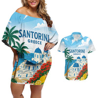Greece Santorini Personalized Couples Matching Off Shoulder Short Dress and Hawaiian Shirt Greek Island Blue Dome Architecture Art
