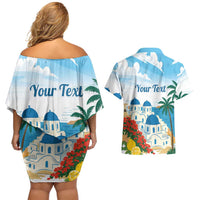 Greece Santorini Personalized Couples Matching Off Shoulder Short Dress and Hawaiian Shirt Greek Island Blue Dome Architecture Art