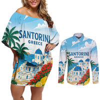 Greece Santorini Personalized Couples Matching Off Shoulder Short Dress and Long Sleeve Button Shirt Greek Island Blue Dome Architecture Art