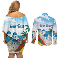 Greece Santorini Personalized Couples Matching Off Shoulder Short Dress and Long Sleeve Button Shirt Greek Island Blue Dome Architecture Art