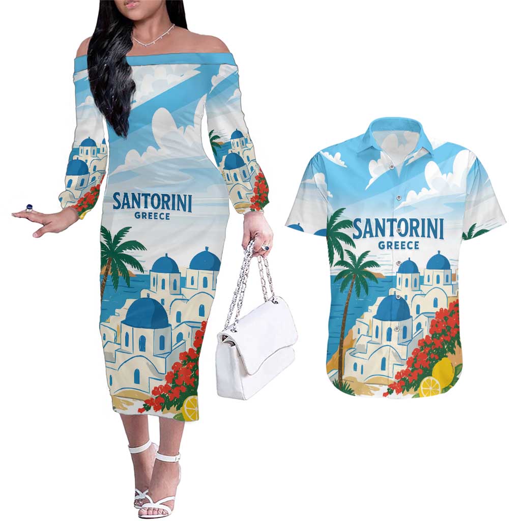 Greece Santorini Personalized Couples Matching Off The Shoulder Long Sleeve Dress and Hawaiian Shirt Greek Island Blue Dome Architecture Art