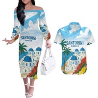 Greece Santorini Personalized Couples Matching Off The Shoulder Long Sleeve Dress and Hawaiian Shirt Greek Island Blue Dome Architecture Art