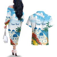 Greece Santorini Personalized Couples Matching Off The Shoulder Long Sleeve Dress and Hawaiian Shirt Greek Island Blue Dome Architecture Art